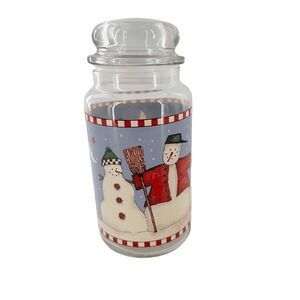 Vtg Snowman Sakura Debbie Mumm 1998 Glass Cookie Canister Jar Country Farmhouse